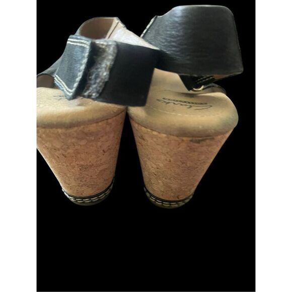 Clarks Womens Black Tan Helio Float Cork Wedge Slingback Sandal Size 8.5 - Picture 10 of 12